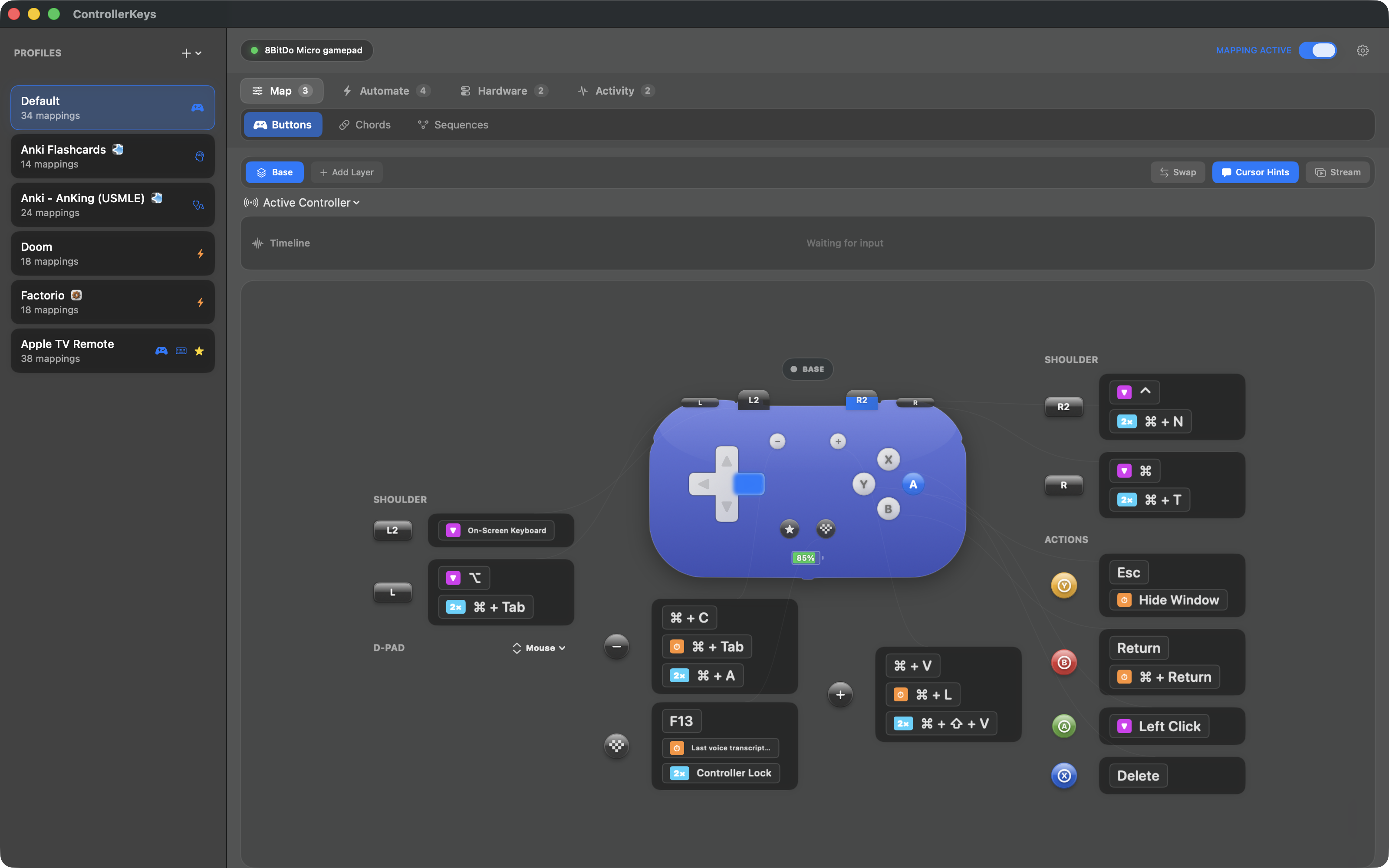 ControllerKeys mapping an 8BitDo Micro pocket controller to keyboard shortcuts on macOS