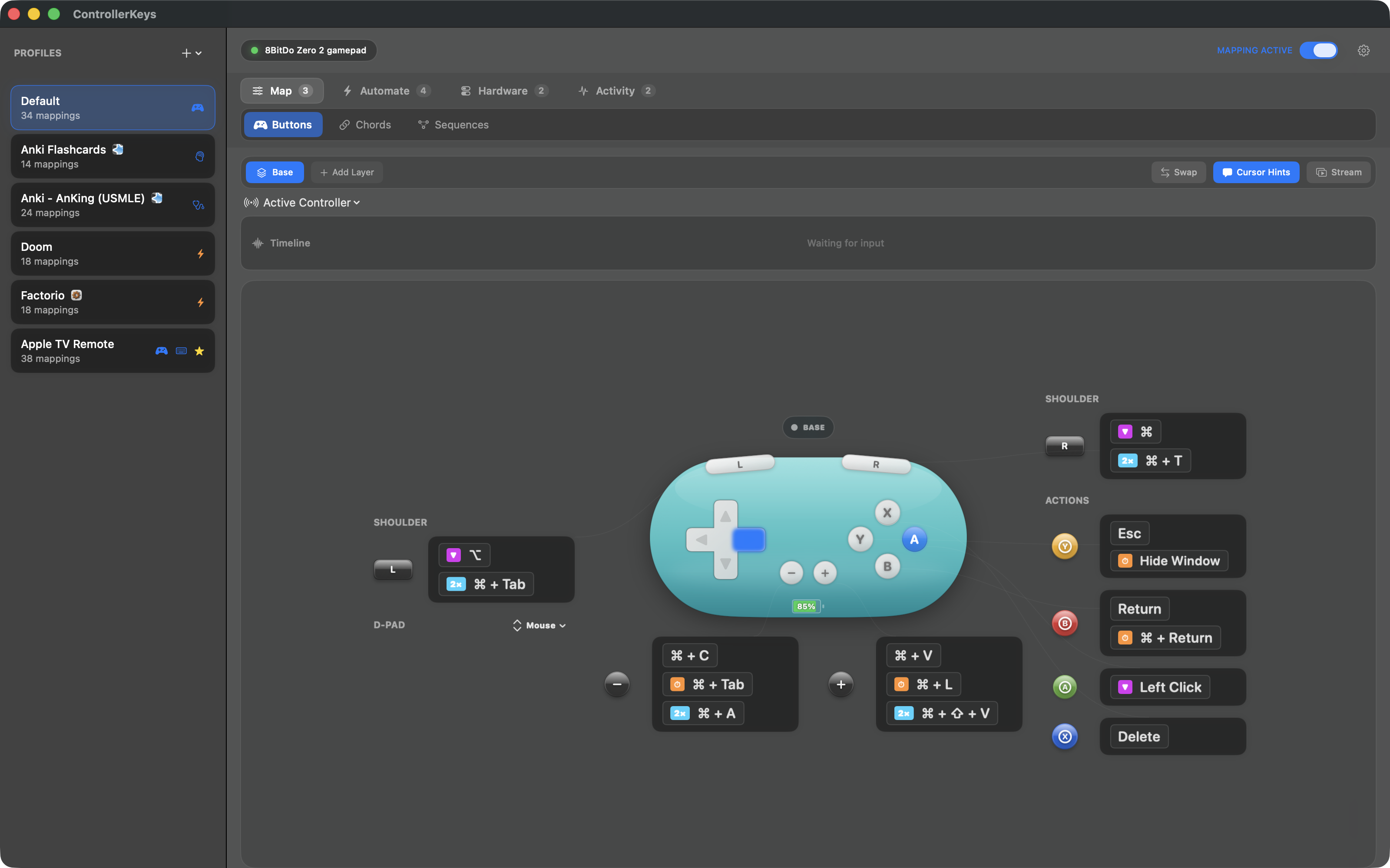 8BitDo Zero 2 mapped on macOS - pocket-sized pad with its own on-screen layout and a d-pad you can map to keys, mouse, or scroll