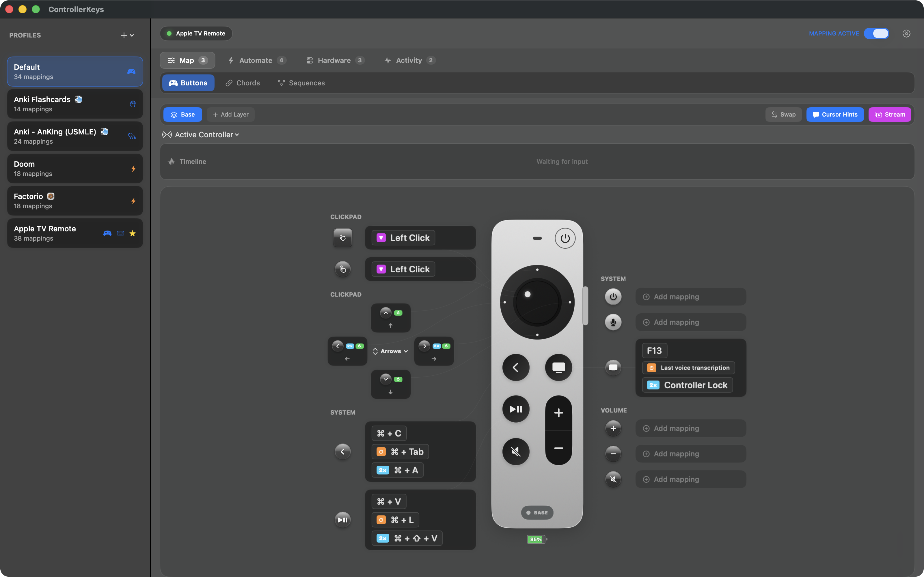 Apple TV Siri Remote mapped as a Mac controller - clickpad cursor and mappable buttons