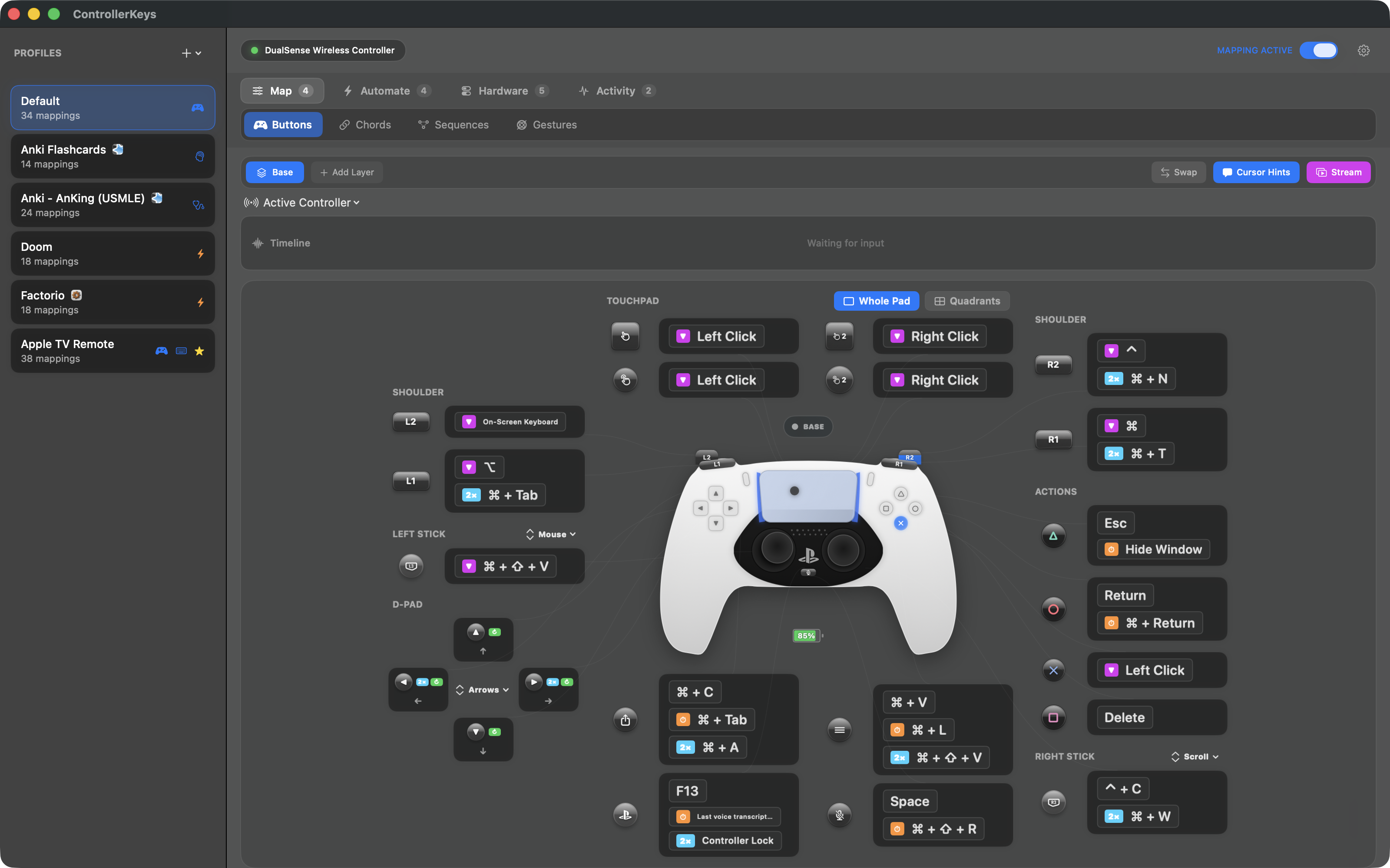 PS5 DualSense controller button mapping interface on macOS showing customizable keyboard shortcuts