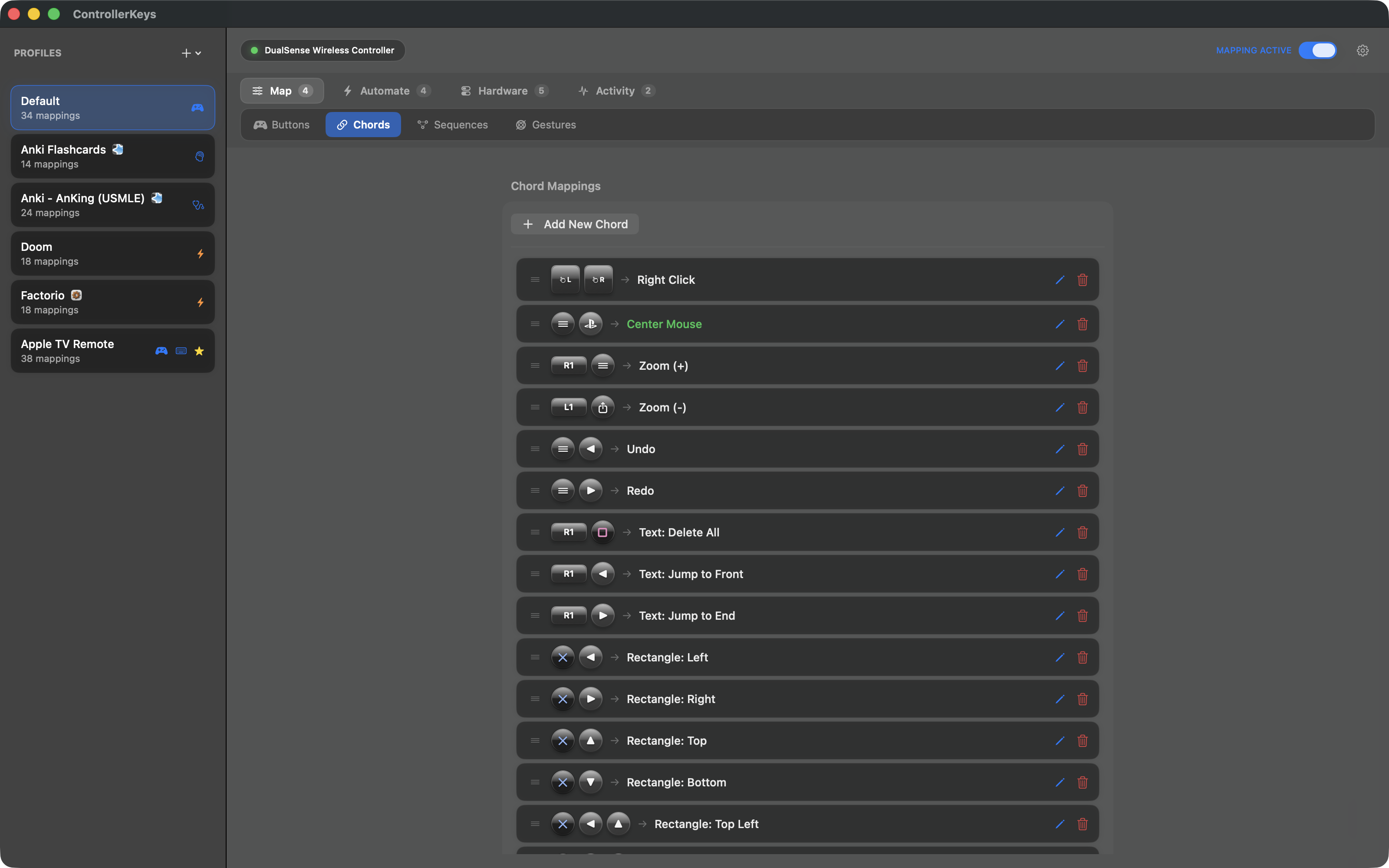 PS5 DualSense chord mapping - combine multiple buttons for keyboard shortcuts on Mac