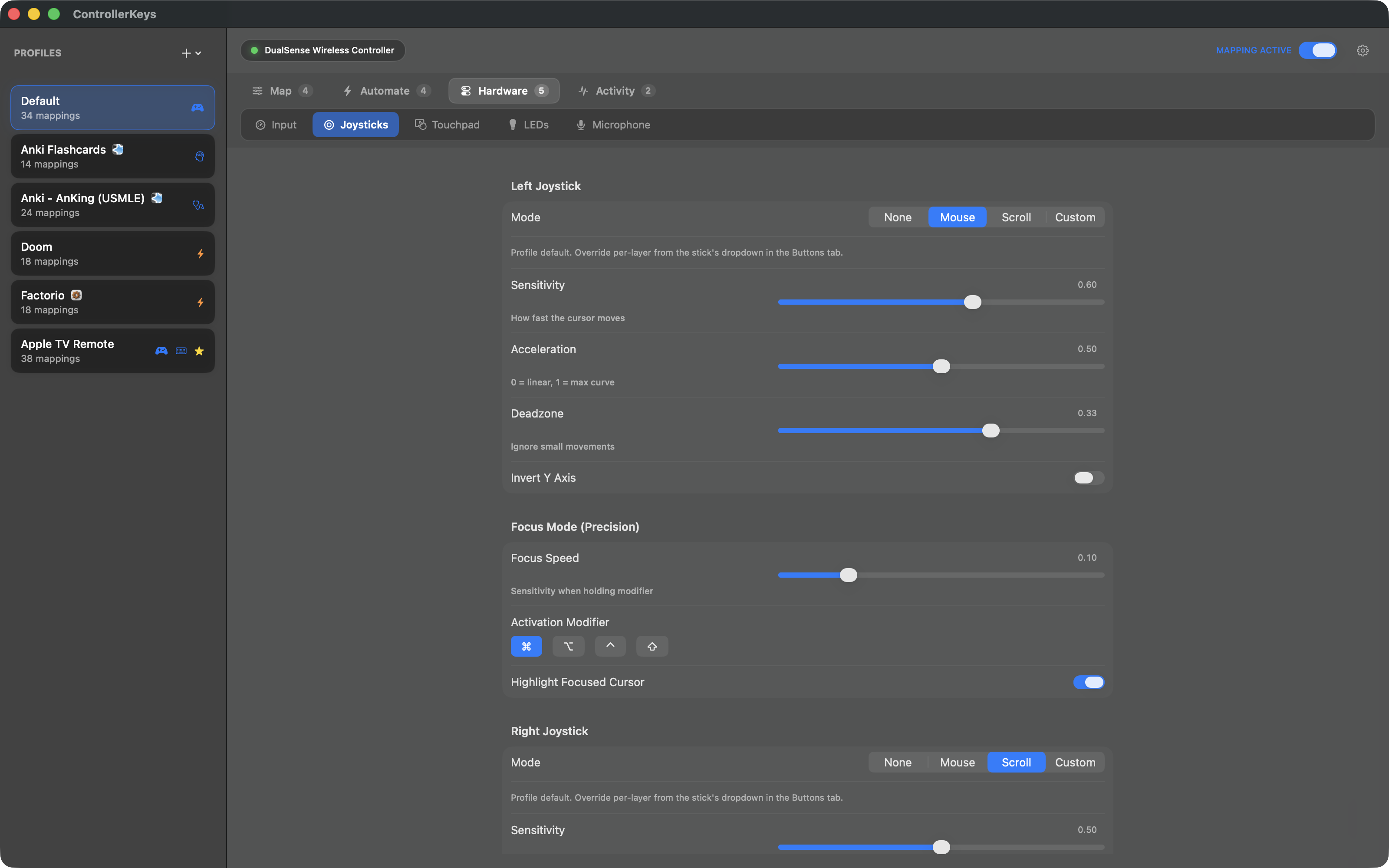 PS5 DualSense joystick to mouse cursor and scroll wheel settings on macOS