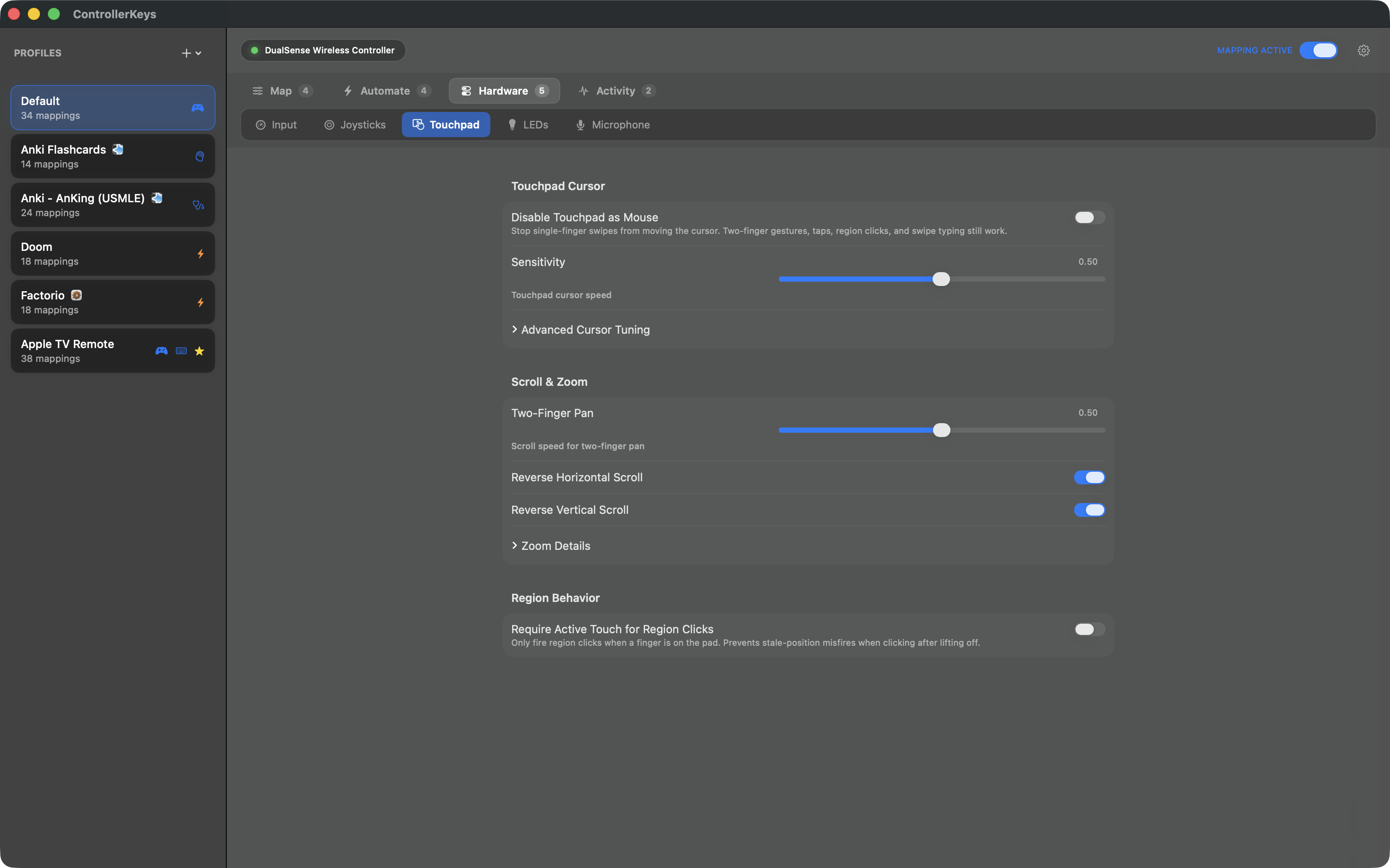 PS5 DualSense touchpad settings - use touchpad as trackpad for mouse control on Mac