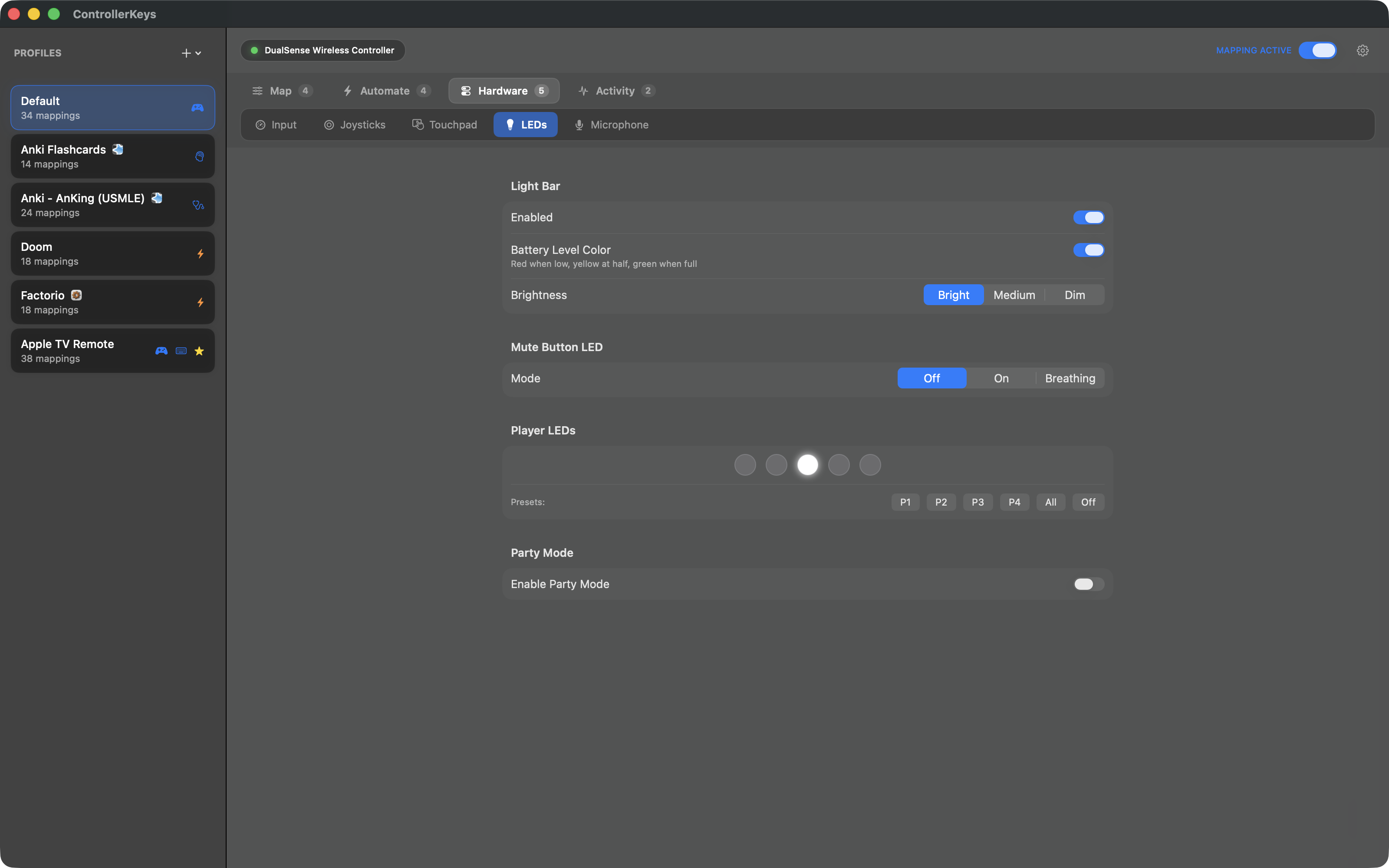 PS5 DualSense LED light bar color customization on macOS