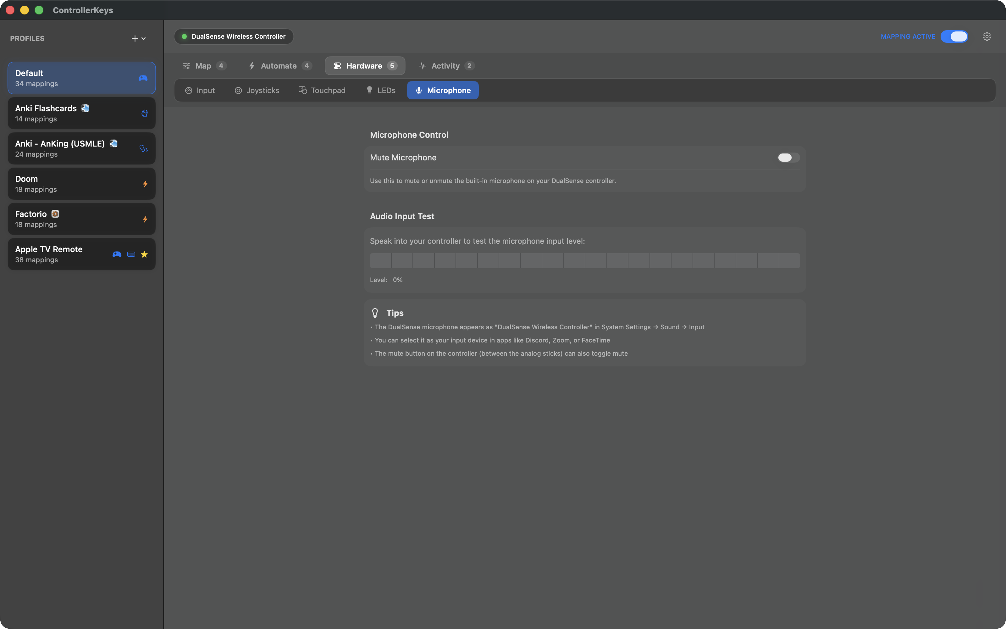 PS5 DualSense built-in microphone and mute button settings on macOS