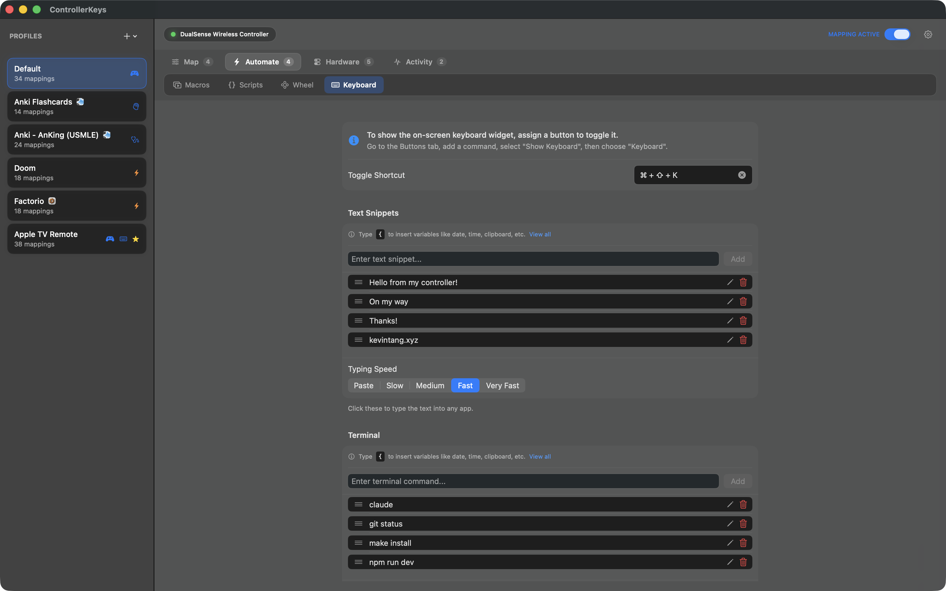PS5 DualSense on-screen keyboard widget with quick text and terminal commands