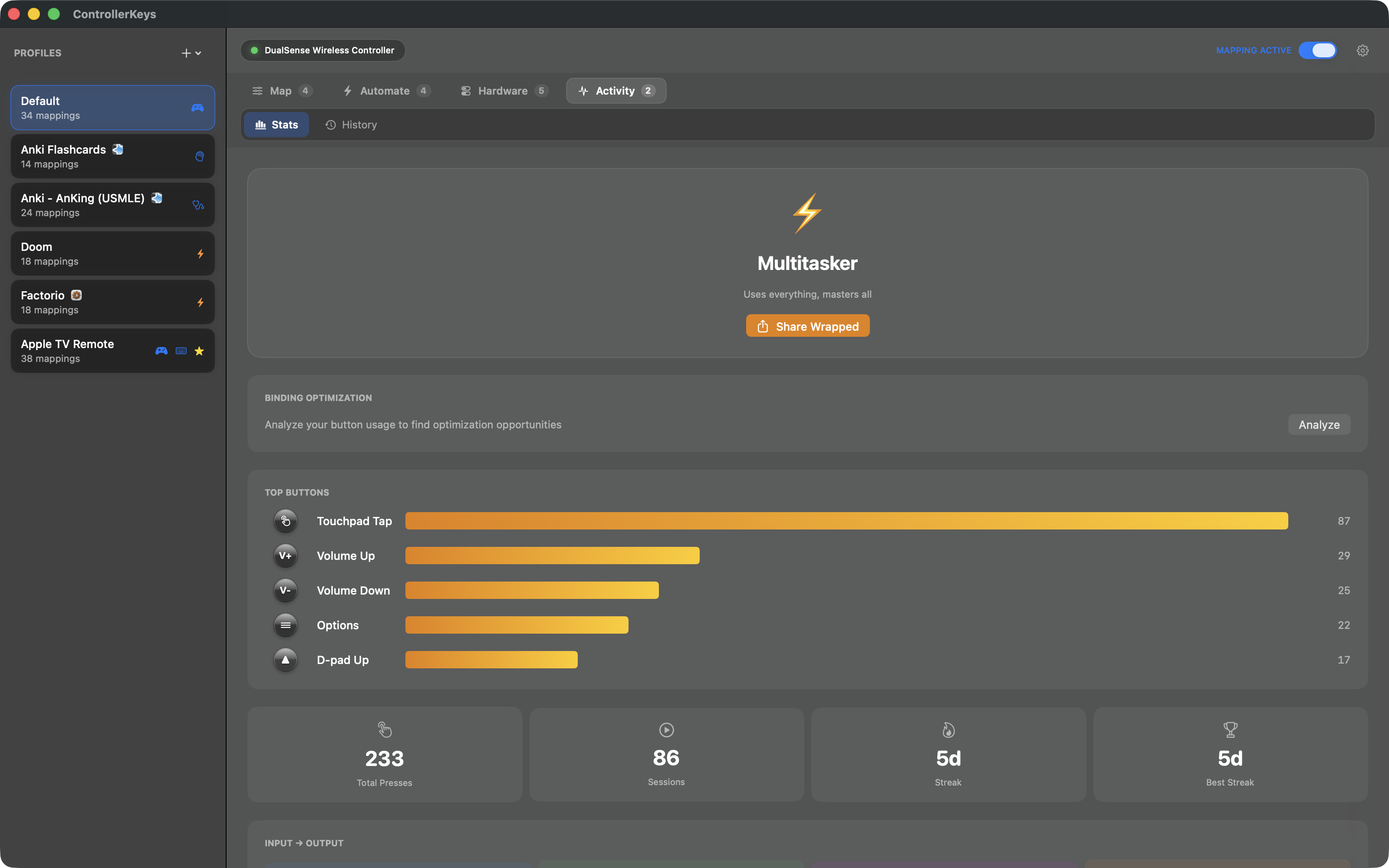 ControllerKeys usage stats with Controller Wrapped personality card on macOS