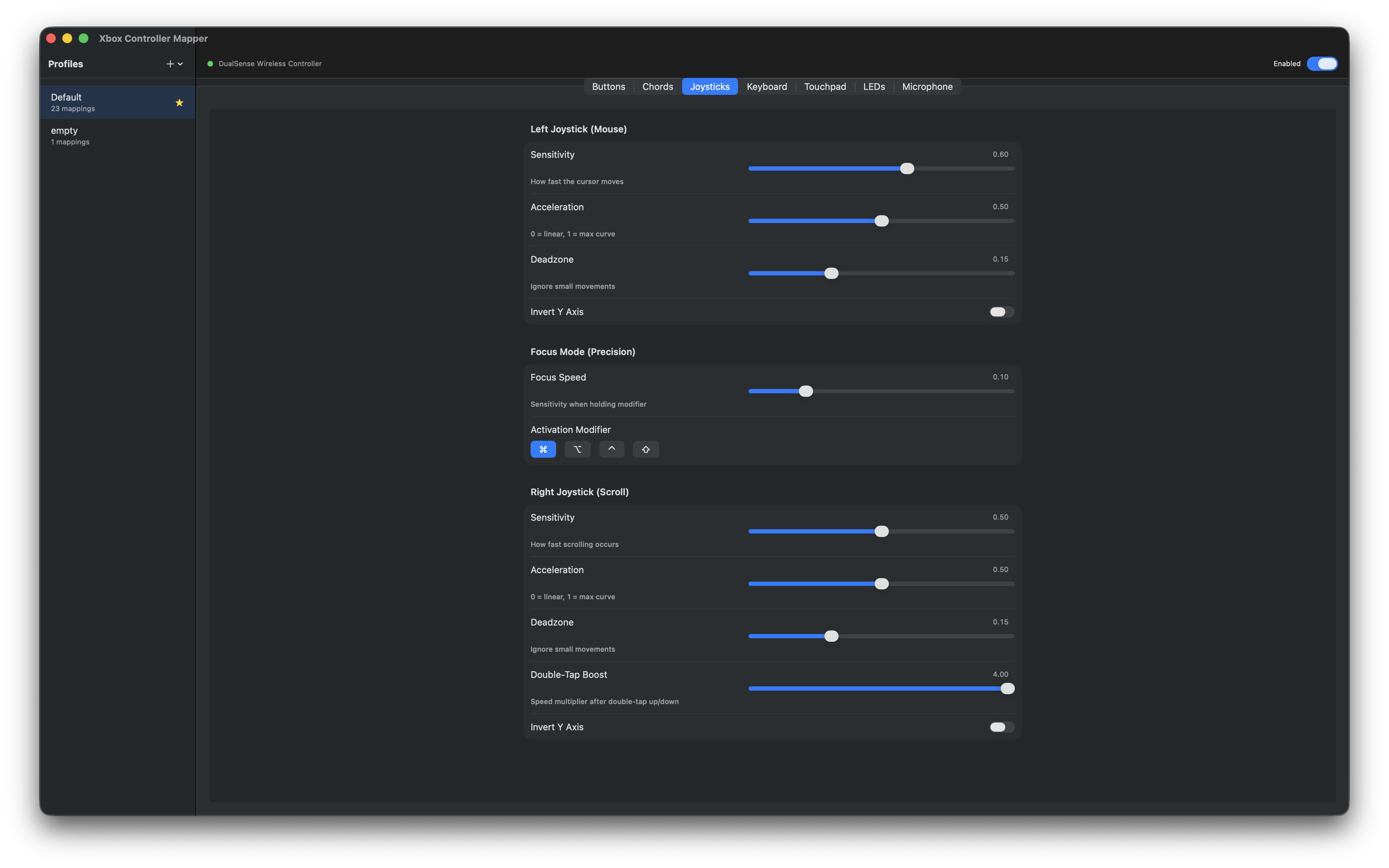 PS5 DualSense joystick to mouse cursor and scroll wheel settings on macOS