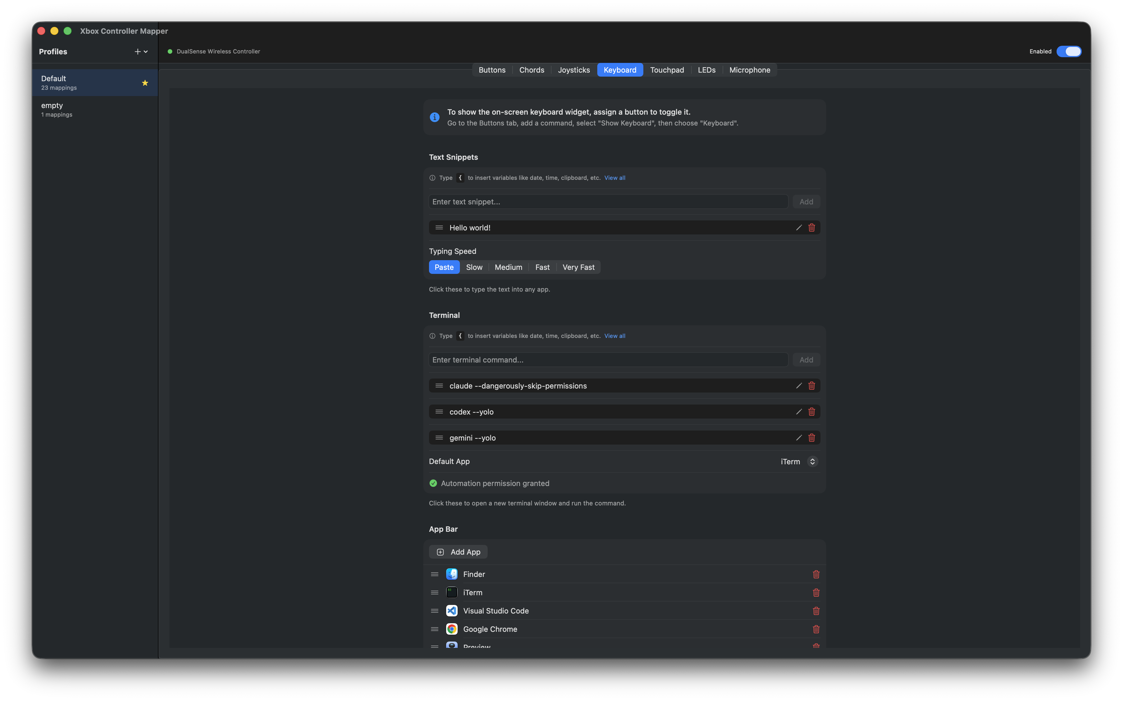 PS5 DualSense on-screen keyboard widget with quick text and terminal commands