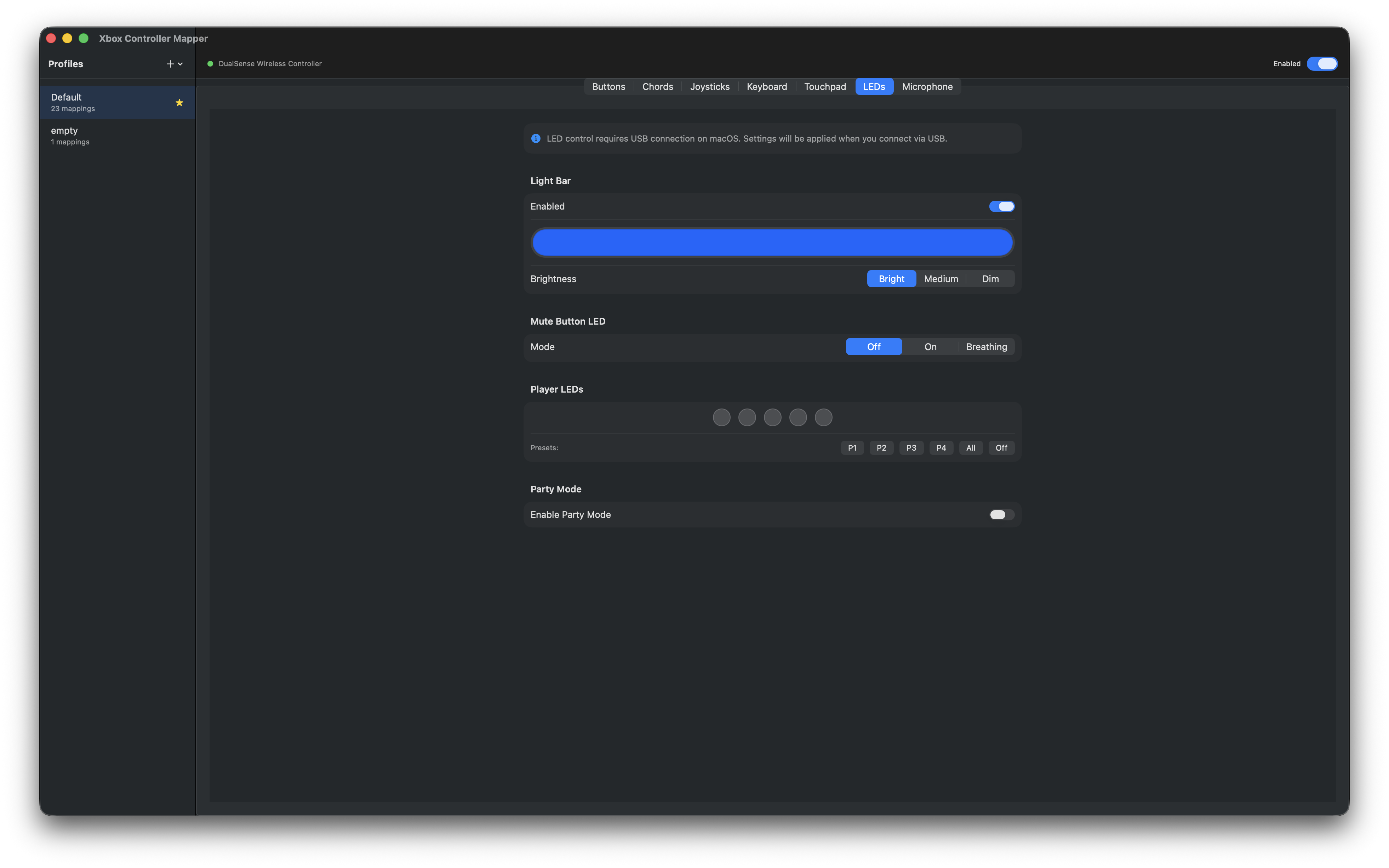 PS5 DualSense LED light bar color customization on macOS