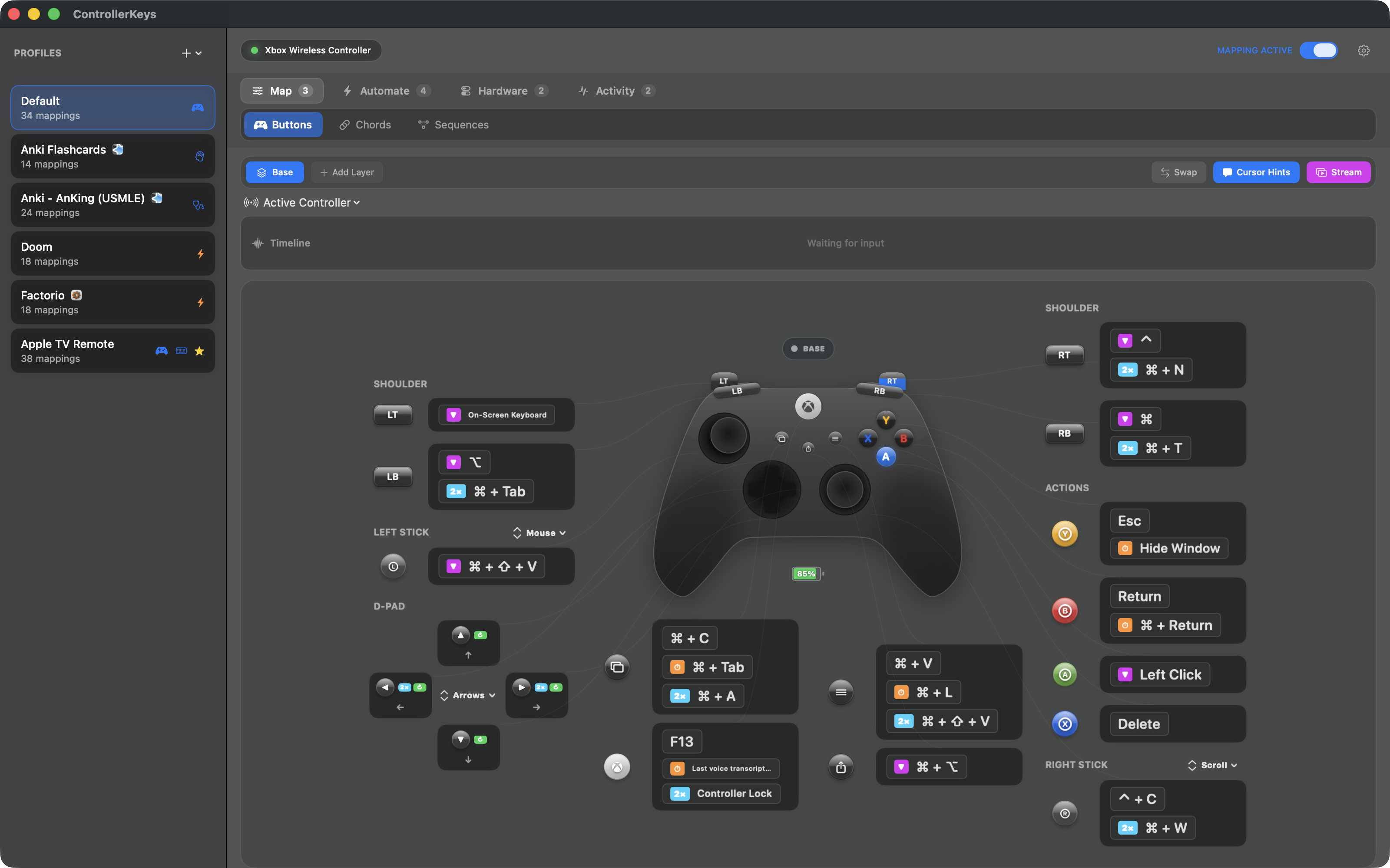 Xbox Series X controller button mapping interface on macOS showing customizable keyboard shortcuts