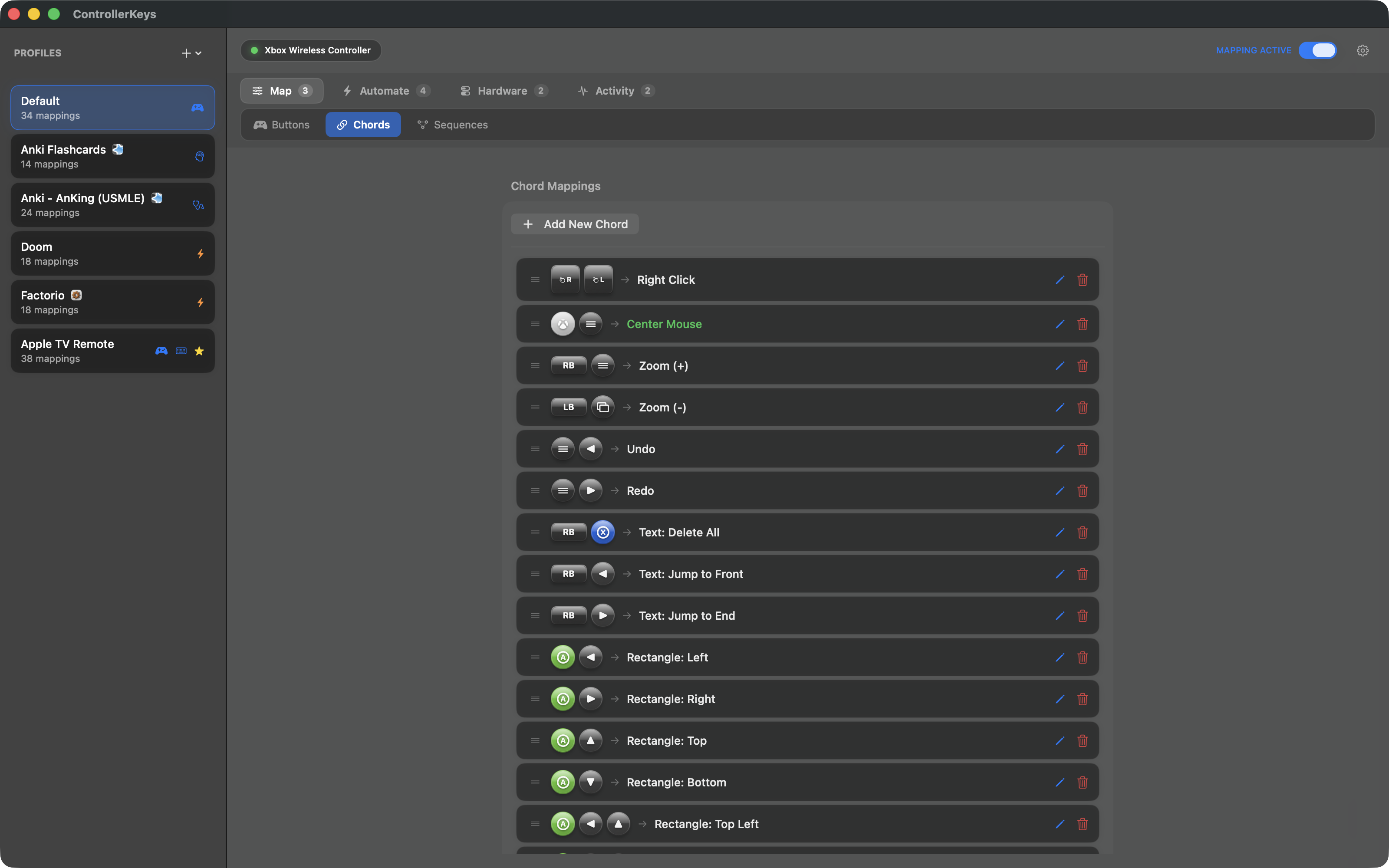 Xbox controller chord mapping - combine multiple buttons for keyboard shortcuts on Mac
