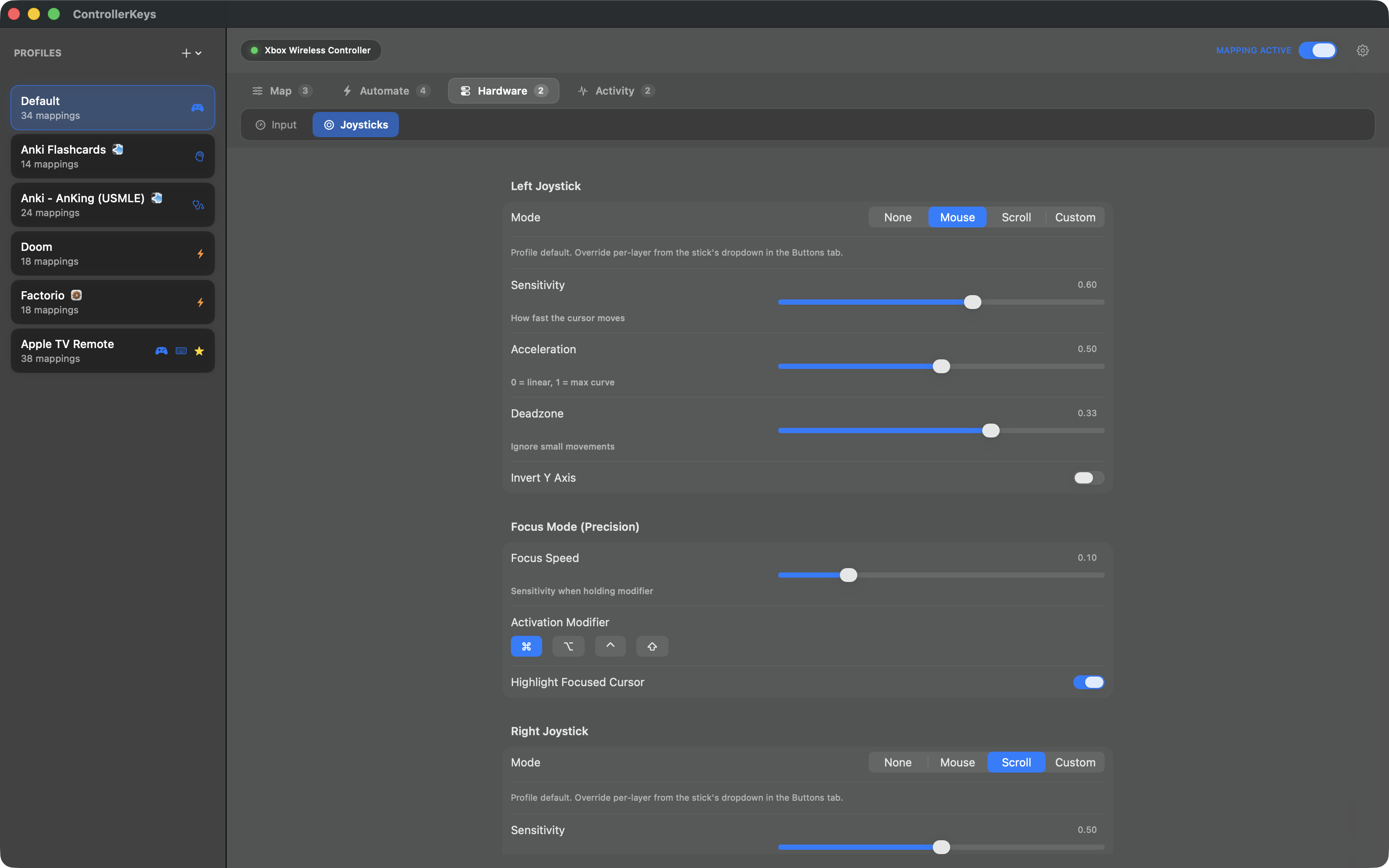 Xbox controller joystick to mouse cursor and scroll wheel settings on macOS