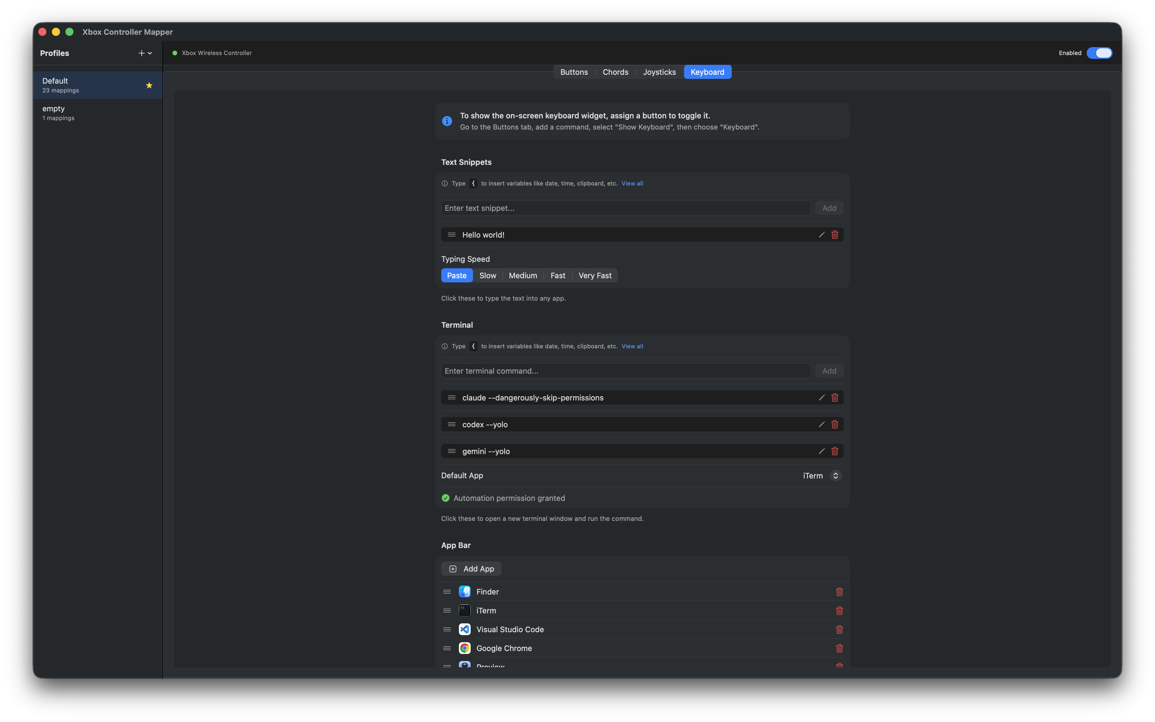 Xbox controller on-screen keyboard widget with quick text and terminal commands