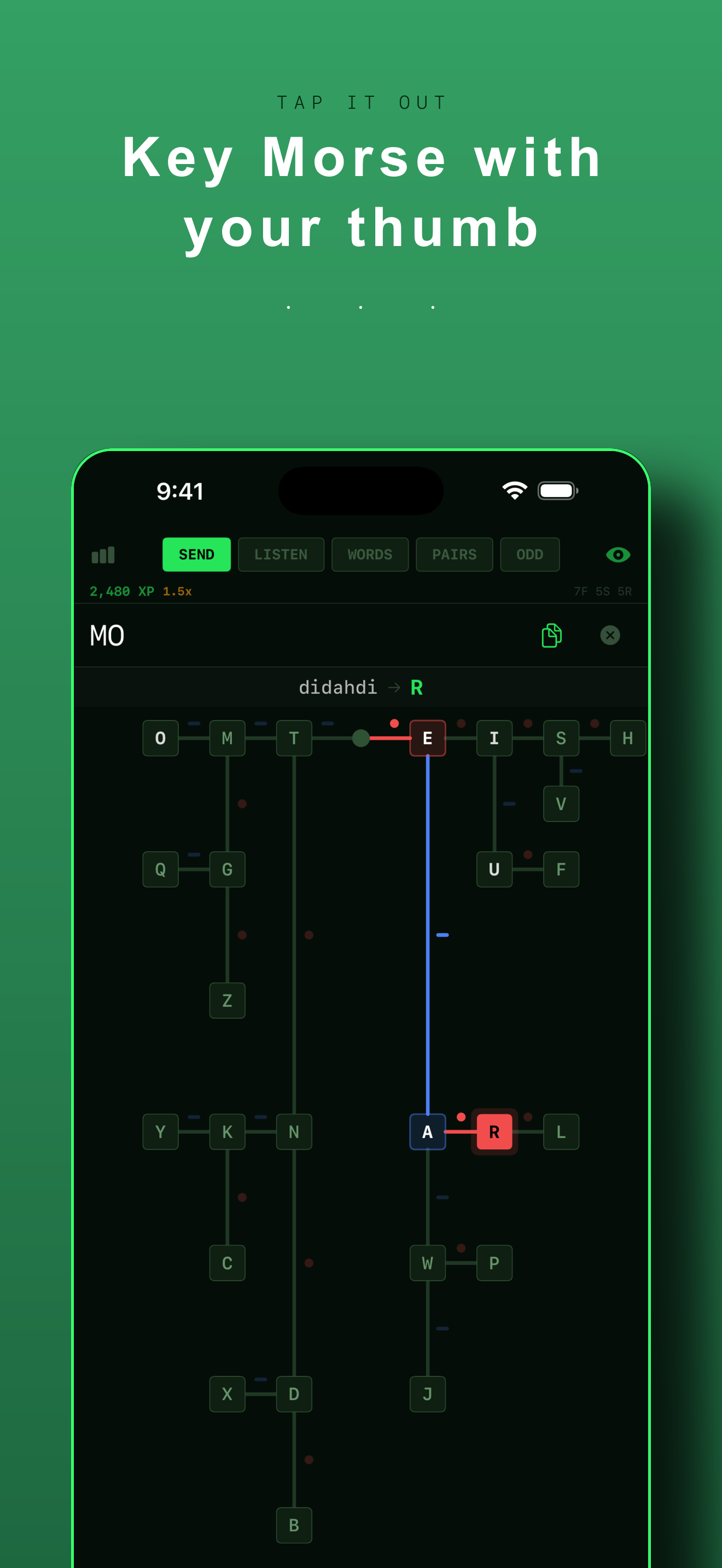 Sending practice with live Morse tree feedback