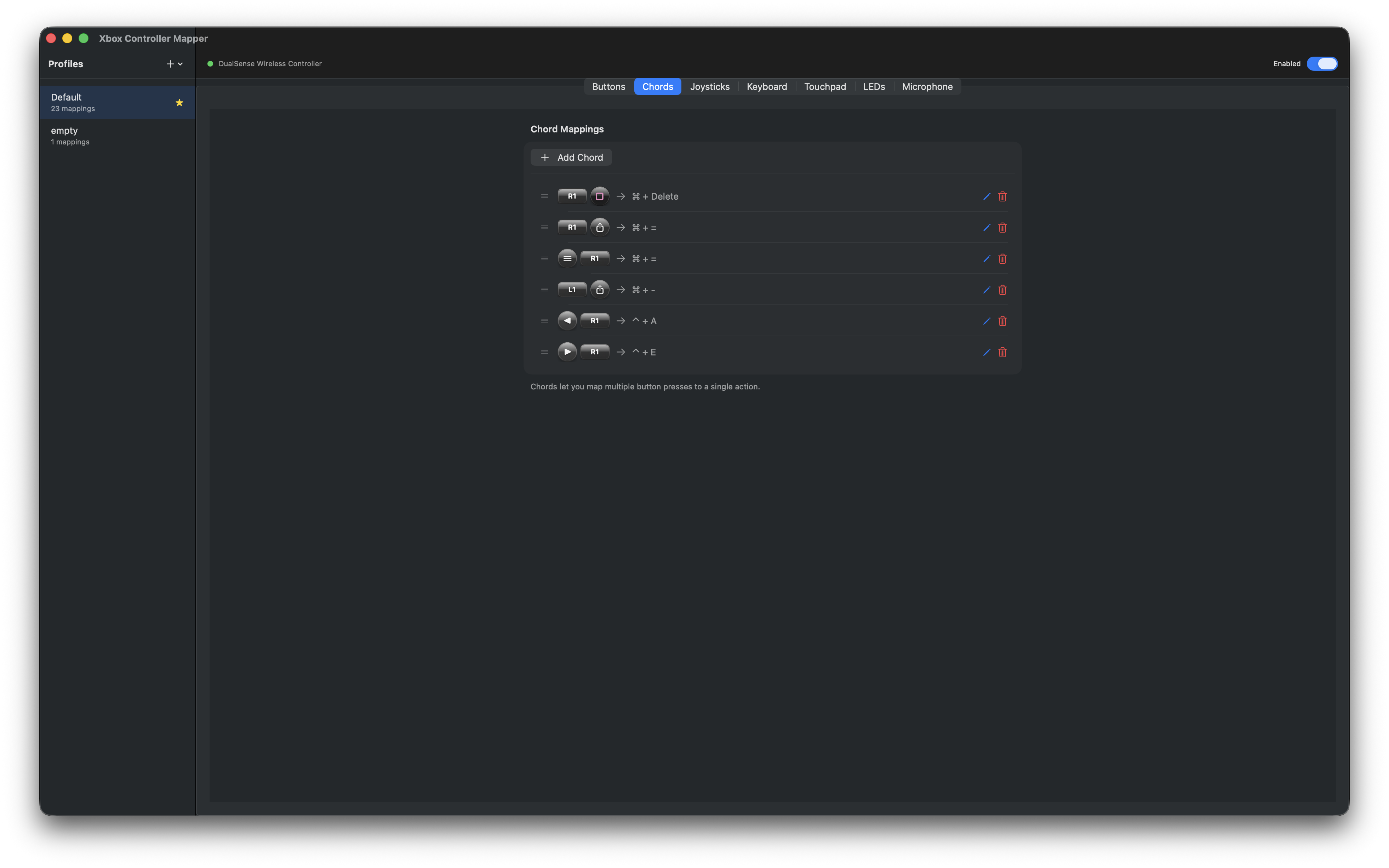 PS5 DualSense chord mapping - combine multiple buttons for keyboard shortcuts on Mac