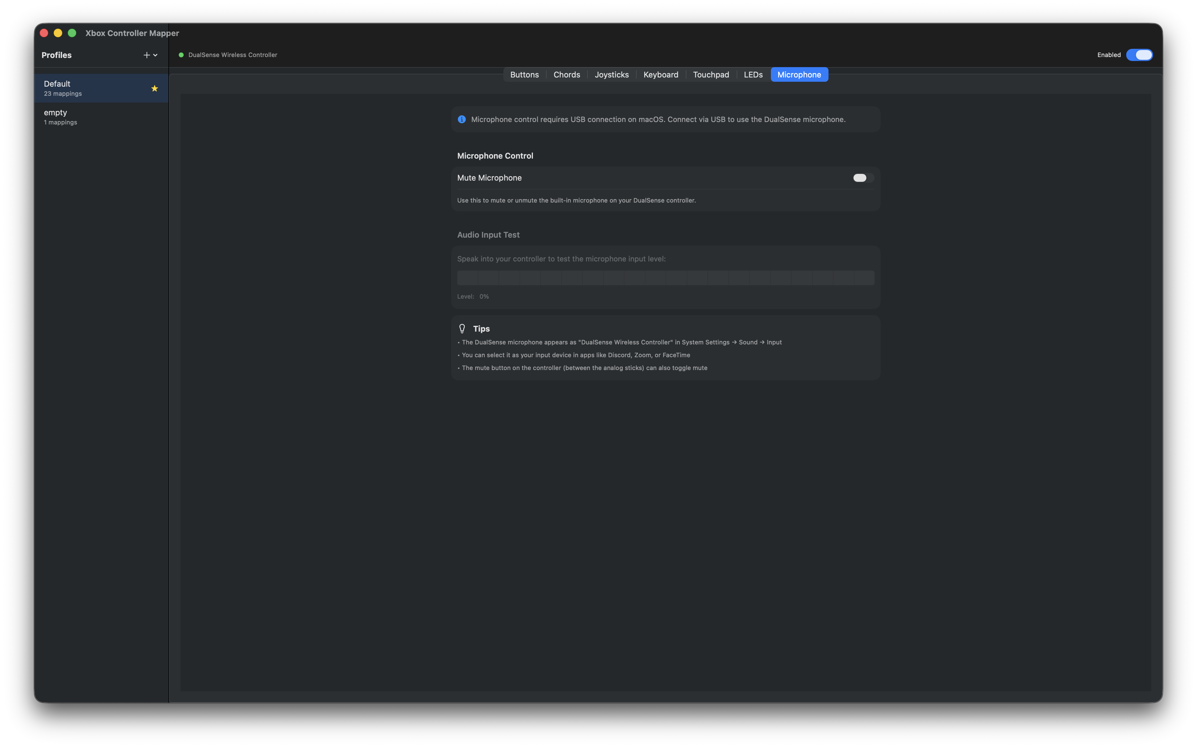 PS5 DualSense built-in microphone and mute button settings on macOS