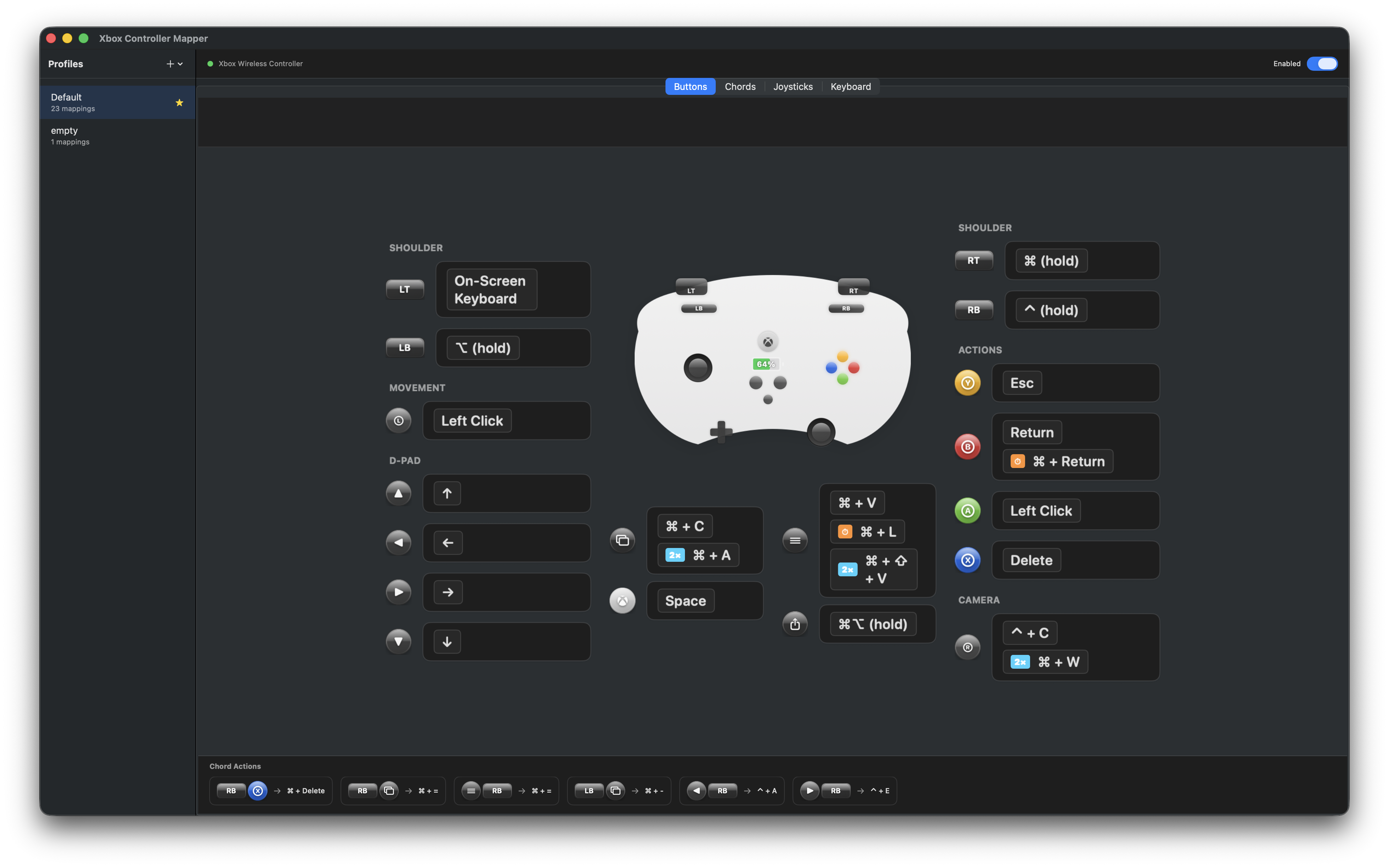 Xbox Series X controller button mapping interface on macOS showing customizable keyboard shortcuts