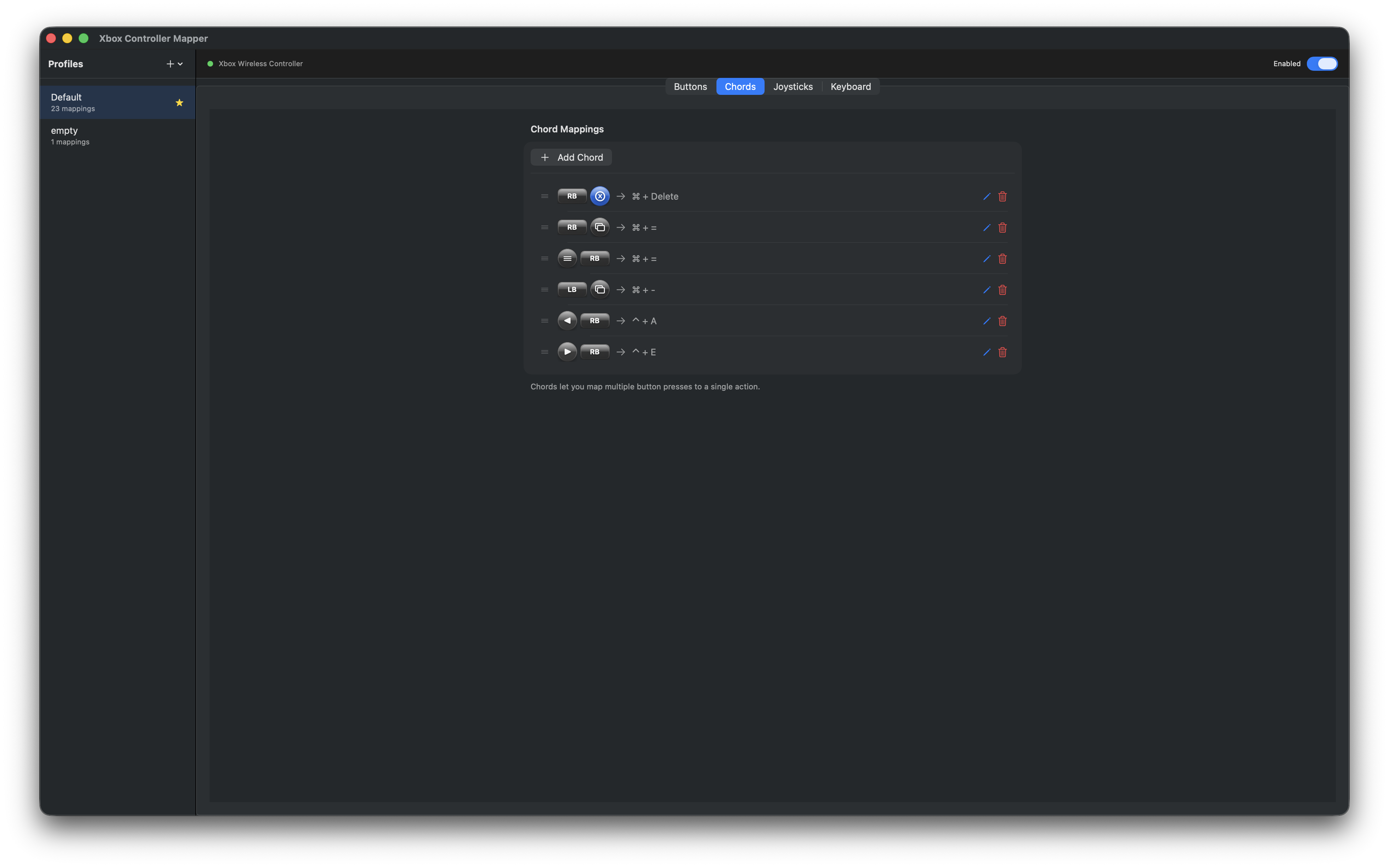 Xbox controller chord mapping - combine multiple buttons for keyboard shortcuts on Mac